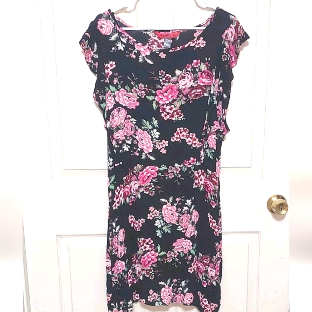 Women's Y2K Junior XL Dress Sheer Black Romantic Floral Fairy Flutter Sleeves